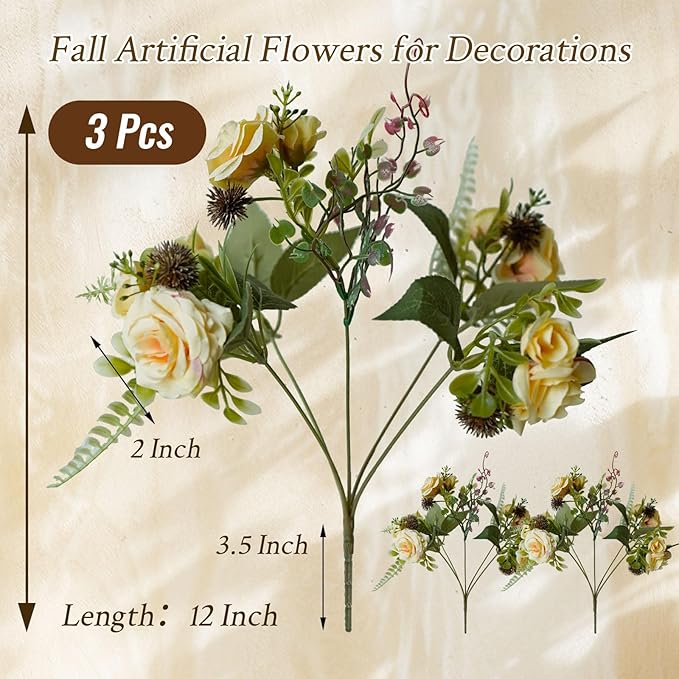 3 Bundles Fall Artificial Flowers Bouquet, Mixed Artificial Rose Silk Roses Flowers Fake Roses Artificial Flowers Roses Bouquet for Centerpiece Table Wedding Party Home Decor (White)