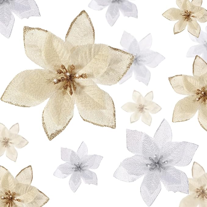 WILLBOND 24 Pcs 3 Size Poinsettia Flower Artificial Christmas Decor Glitter Poinsettia Christmas Ornaments Faux Flowers for Xmas Tree Outdoor(3.2/4/6 Inches,Gold and Silver)