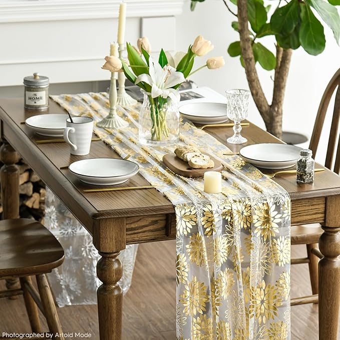 Artoid Mode 3PCS Beige Gold Dahlia Flower Gauze Table Runner 120 Inch 10FT, Glitter Metallic Foil Seasonal Sheer Dining Holiday Table Decor for Home Party