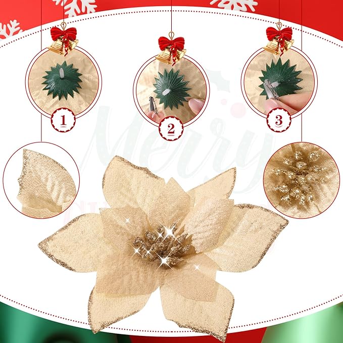 WILLBOND 24 Pcs 3 Size Poinsettia Flower Artificial Christmas Decor Glitter Poinsettia Christmas Ornaments Faux Flowers for Xmas Tree Outdoor(4/6/7.9 Inches,Champagne)