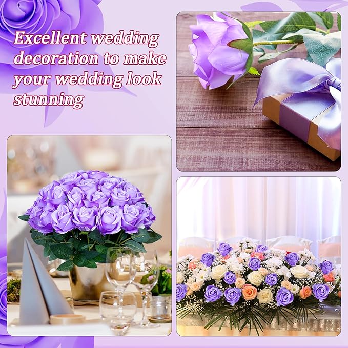 30pcs Fake Roses Artificial Silk Flowers Long Stems Bouquet for Wedding Bridal Shower Party Home Decoration (Purple)