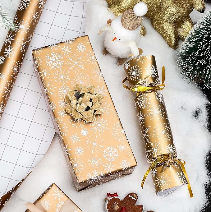 MAYPLUSS Winter Snowflake Christmas Wrapping Paper - 17 Inch X 33 Feet - Christmas Festive White Snowflake Print on Gold Mini Roll Reusable Holiday Gift Paper for Party Wedding Birthday Baby Shower