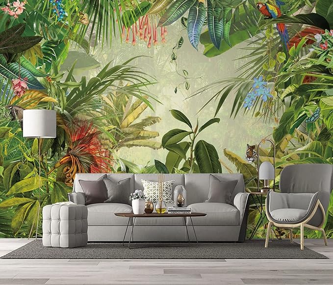 Tropical Botanical Animal Floral Bird Wallpaper Woodland Forest Tree Nursery Kids Bedroom Plant murals Living Room tv Background Large Wall Mural - 160"x108" Not Peel and Stick