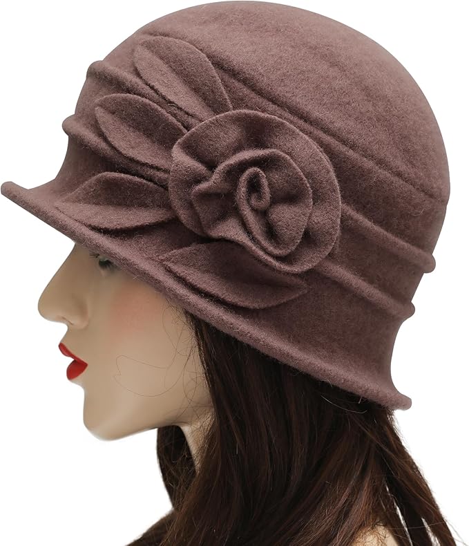ZLYC Women Wool Cloche Bucket Hat 1920s Vintage Dress Winter Hats with Flower Accent