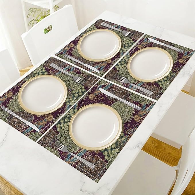 William Morris Flower Placemats Set of 4, Vintage Boho Floral Tree Plant Deers Woodland Animals Place Mats, Heat Resistant Non Slip Cotton Linen Dining Table Mats for Home Kitchen Party 18x12 Inch 1PC