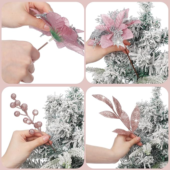 60 Pcs Christmas Glitter Branches 6 Styles Artificial Christmas Picks Berries Stems Poinsettia Flowers Pine Needles Floral Twig Spray for Xmas Tree Ornaments DIY Wreath Garland(Rose Gold)