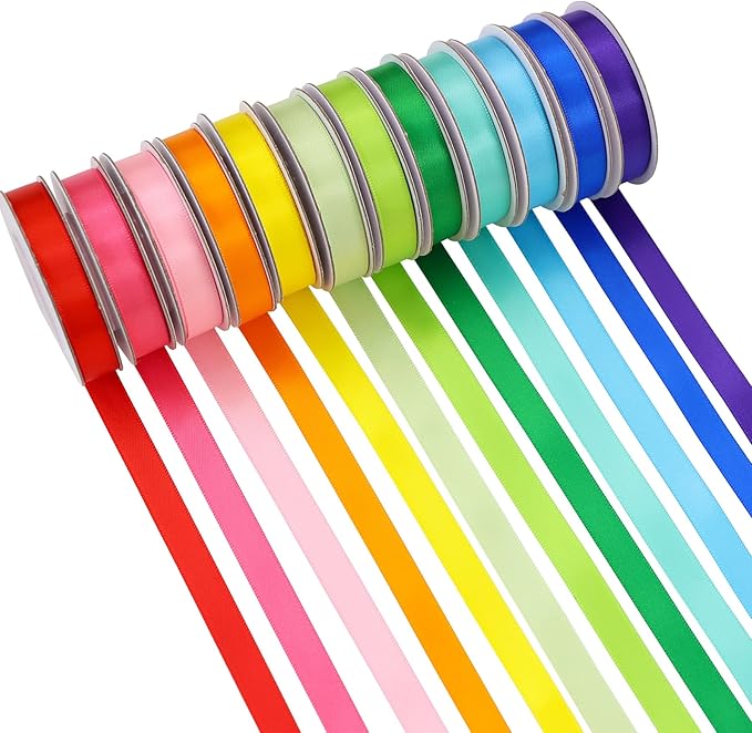 Rainbow Ribbon 12 Color Double Face Solid Color Satin Ribbon for Gift Wrapping, Flower Bouquet, Wedding Birthday Pride Party Decoration, DIY Crafts, 3/8" X 5 Yard Each Total 60 Yds Per Package