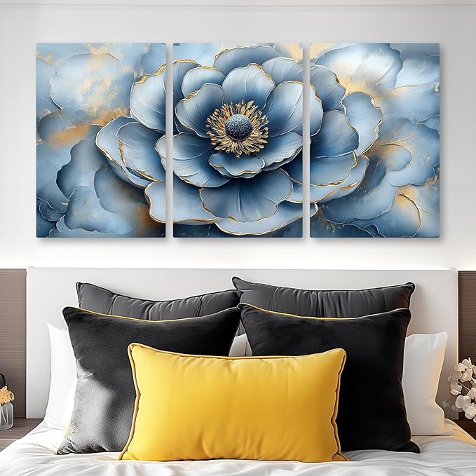 Kewhush Blue Wild Rose Canvas Wall Art, Floral Canvas Prints, Flower Blooming Set of 3 Pictures, Rose Wall Decor, Gold Accent Decor, Modern Artwork for Living Room, Bedroom (12" x 18" x 3 pcs)