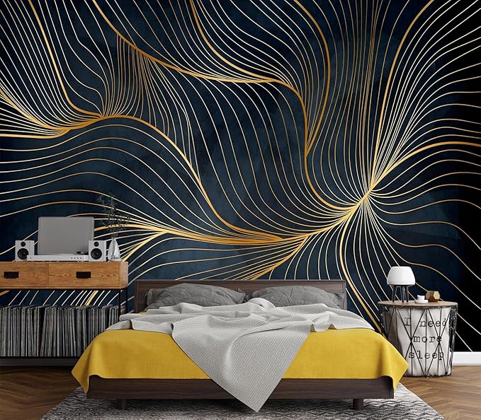 Eierme-Golden Abstract line Pattern Waves Mural Wallpaper Peel and Stick 137" x 102"