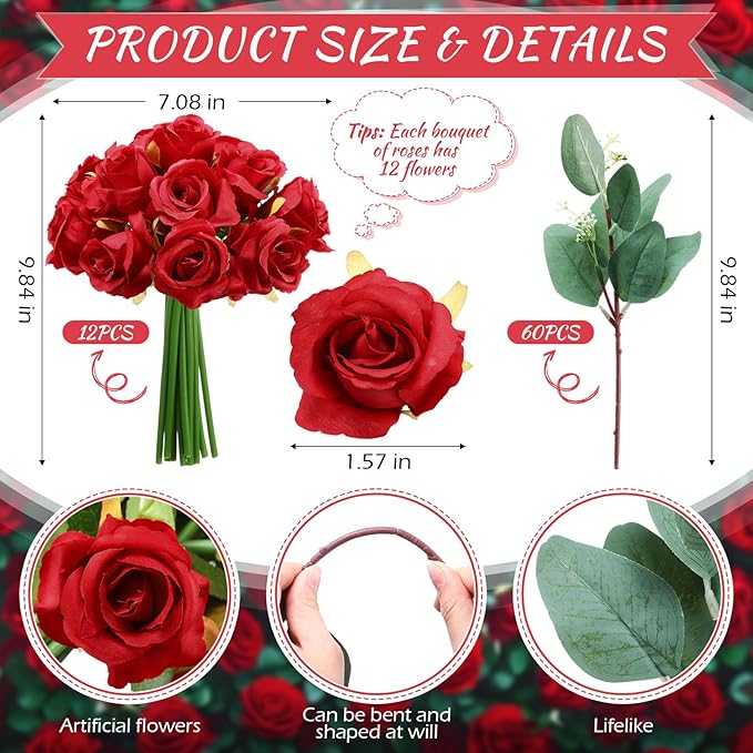 Zeyune 12 Pack Wedding Bridesmaids Bouquets 7 Inch Artificial Rose Bouquets Silk Flowers with Stems Fake Floral Bundles Bulk for Wedding Bridal Shower Party Centerpieces Home Decor(Red)