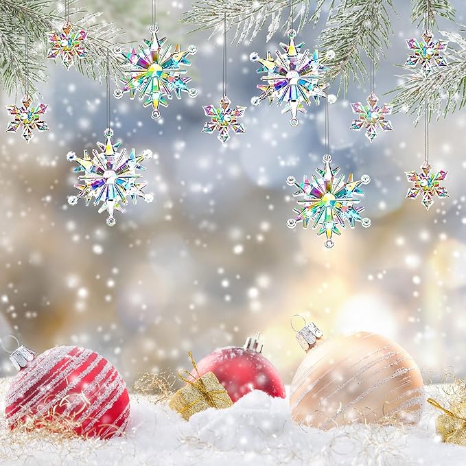 60Pcs Christmas Acrylic Snowflake Ornaments Winter 3D Translucent Snowflake Hanging Ornaments for Tree Crystal Iridescent Pendants with Rope for Holiday Party DIY Decor (Laser)