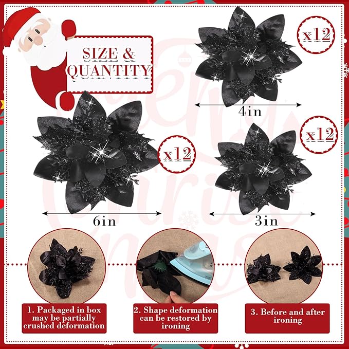 36 Pcs Christmas Glitter Artificial Poinsettia Flowers Xmas Poinsettia Artificial Wedding Flowers Decorations Xmas Tree Ornaments with Clips for Party, 6 Inch, 4 Inch, 3 Inch(Black)