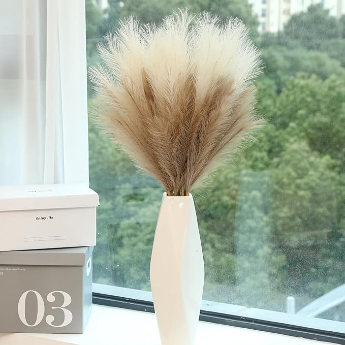 9 Stems Faux Pampas Grass - 38 Inch Long Fluffy Pompous Grass Bulk, Big Artificial Pompas Floral for Baby Shower Decoration, Wedding Centerpieces and Boho Home Decor (Beige & Taupe)