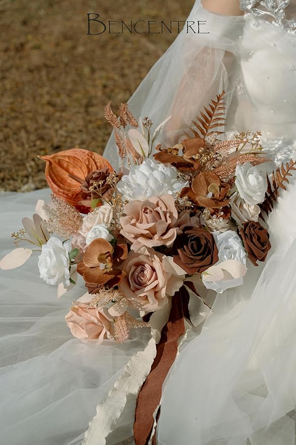 14 Inch Walnut Brown Bridal Bouquet,Wedding Bouquet,Bride Bouquets for Wedding Ceremony Anniversary, Boho Wedding,Party and French Rustic Vintage Wedding,Artificial Flowers