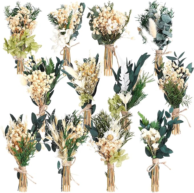 Layhit 12 Pack Boho Dried Flower Bouquet Mini Wedding Handmade Dry Flowers Decor for Vase Crafts DIY Photo Boutonniere for Men Floral Plant for Bridesmaid Gift Birthday Decor(Fresh)