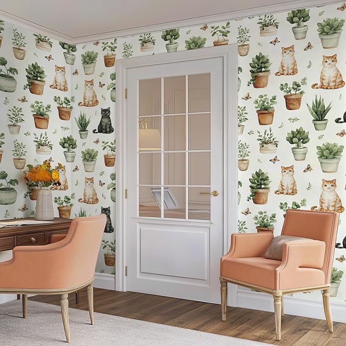 Peel and Stick Modern Cute Animal Wallpaper Removable Cat Potted Plants 17.7" x 118.11" Wall Paper Watercolor Self Adhesive Contact Paper for Classroom Bedroom Laundry Room Bathroom