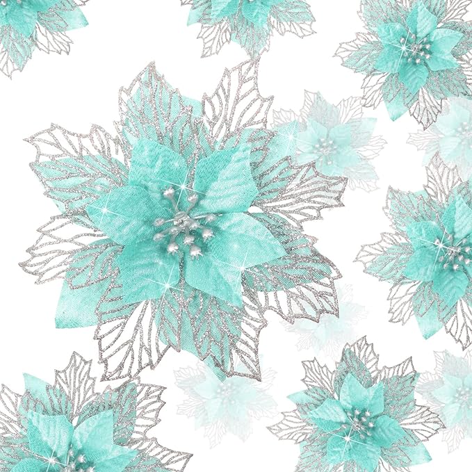 Geosar 24 Pieces Christmas Glitter Poinsettia Flowers Layered Artificial Xmas Flowers Wedding Christmas Tree New Year Ornaments 3/4/6 Inch(Light Green)
