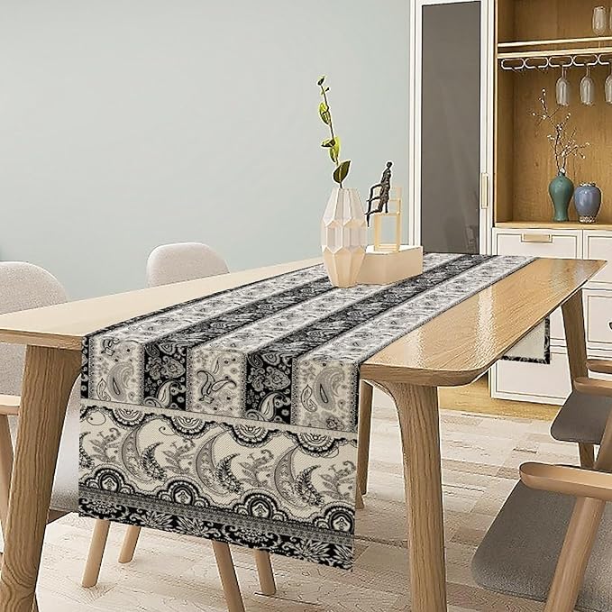 Vintage Bohemian Table Runner, Striped Black Grey Paisley Flower Boho Table Runner for Kitchen Dining Holiday Home Party, 13x120 Inch