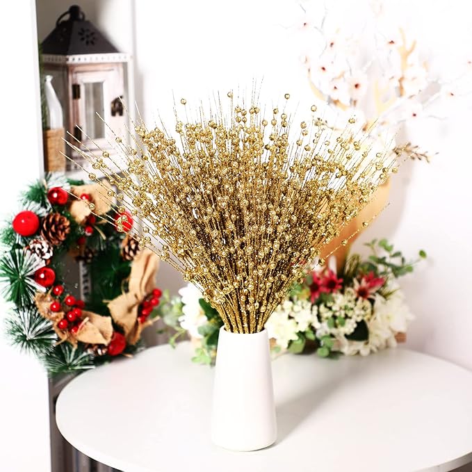 Geosar 30 Pcs Christmas Artificial Glitter Berry Stem Decorations 17 Inch Faux Stick Floral Pick Centerpiece Bouquet Flower Bead Twigs for Centerpiece Tree Wreath Xmas Ornaments Home(Gold)
