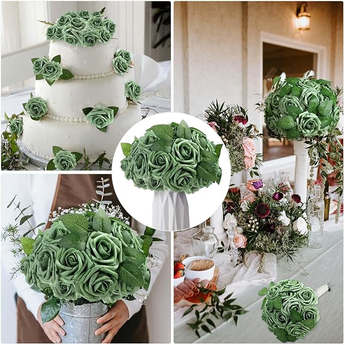 100 Pieces Artificial Foam Rose Flowers Faux Bouquet with Leaves and Stems for DIY Wedding Bouquets Centerpieces Bridal Shower Party Valentine Home Decorations(Elf Green)