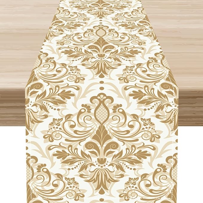 Golden Damask Table Runner, Luxury Antique White Gold Bohemian Exotic Flower Cafe Table Center Decor for Home Kitchen Dining Patio Holiday Party Indoor Outdoor Table Decorations 13x108 inch