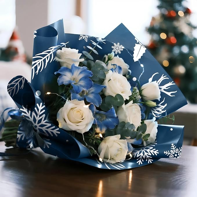 LeZakaa 20 Sheets Flower Wrapping Paper, Navy Blue Christmas Reindeer and Snowflake Design Waterproof Floral Bouquet Paper for Christmas, Winter Holiday Party Gift Packaging