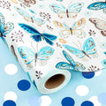 MAYPLUSS Butterfly Wrapping Paper, Vintage Watercolor Butterfly Fairy Gift Wrapping Paper for Women Girls Pearl Birthday Wrap in Blues Reversible Polka Dot for Baby Shower, Wedding (17Inch X 33Feet)