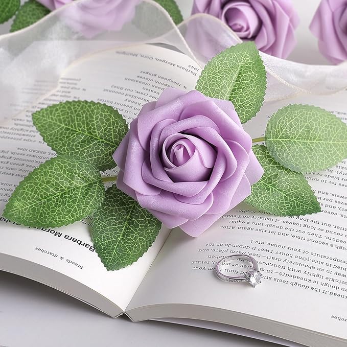 AmyHomie 25pcs Real Looking Artificial Lavender Roses w/Stem for DIY Wedding Bouquets Centerpieces Arrangements Party Baby Shower Valentines Day Christmas Tree Decorations