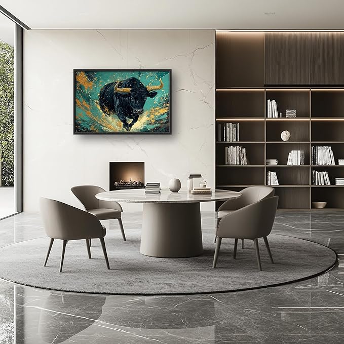 Large Highland Cow Wall Art for Living Room, Teal and Golden Bison Buffalo Wall Decor, Framed Oversized Cow Canvas Painting Modern Artwork for Living Room Bedroom Office Dining Room 36"x24"