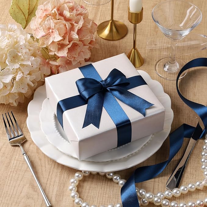 LaRibbons Navy Satin Ribbon 1 1/2 Inch 25 Yards Luxury Double Faced Blue Silk Ribbon for Flower Bouquet Crafts Gift Wrapping Wedding Party Graduation Decoration