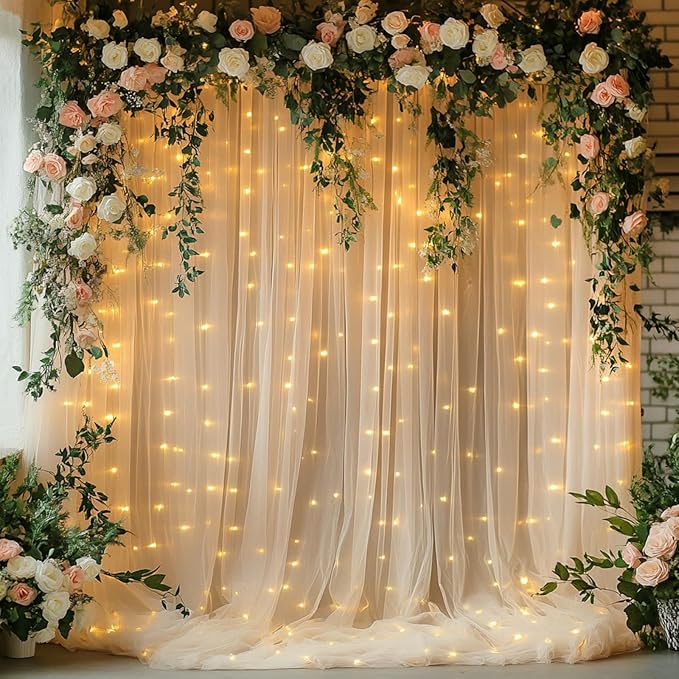 Tulle Curtain Backdrop with 300 LED Fairy Lights for Parities Wrinkle-Free Sheer Curtain Drapes Photo Back Drop for Wedding Baby Shower Bridal Shower Birthday Home Décor-10ft×10ft, Champagne