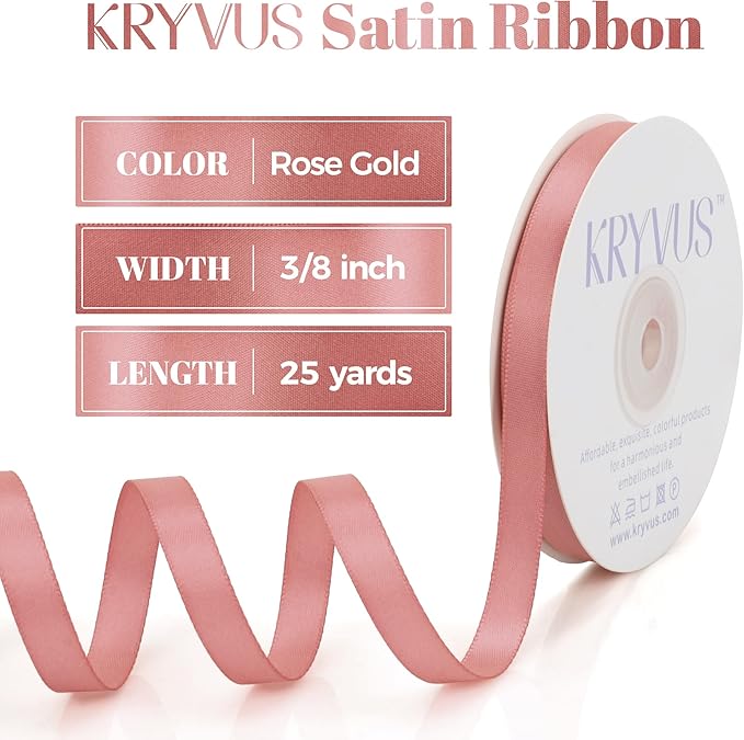 Rose Gold Satin Ribbon, Double Faced 3/8 Inch X 25 Yards Rose Gold Ribbon, Premium Satin Ribbon for Gift Wrapping, Crafts, Hair Bow Making, Sewing, Flower Bouquet, Wedding Party Decor
