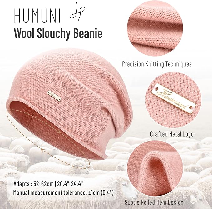 100% Wool Slouchy Beanie, Warm Beanie Hats for Women Breathable Knitting Skull Beanies Cap for Spring Fall Winter