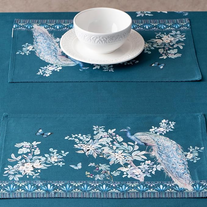 Maison d' Hermine Place Mats 100% Combed Cotton Premium (13 Inch x 19 Inch) Cloth Place Mat Washable Dinner Placemat, Dinner & Dining, Peacock Utopia - Deep Sea (Set of 4)