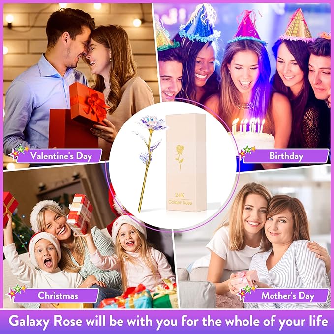 Christmas Flowers Gifts for Women, Mom Birthday Gifts for Christmas, Galaxy Glass Rose Forever Preserved Flowers Eternal Crystal Roses Xmas Gifts for Grandma Wife Sister Her Friends, Colorful