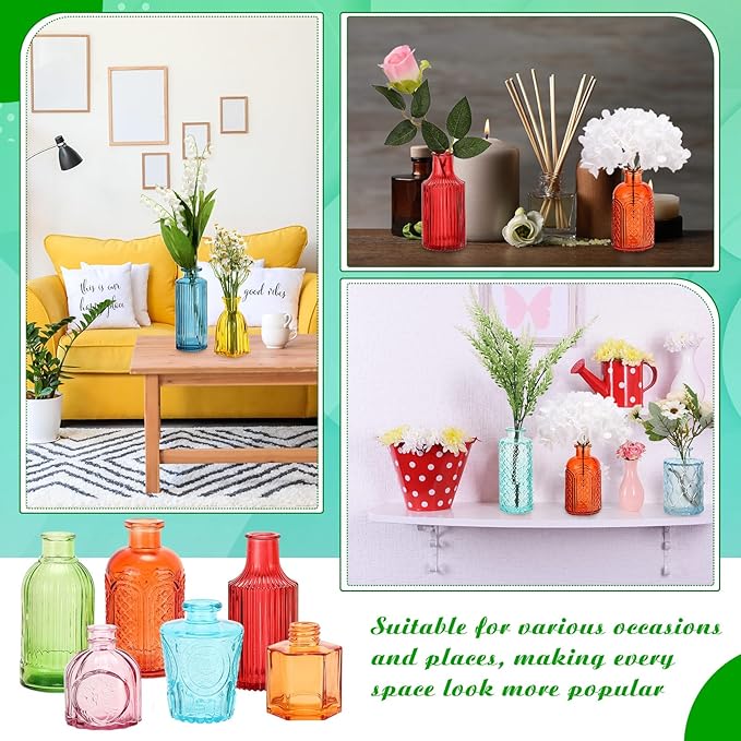 Yaomiao 30 Pcs Vases Bulk Colored Flower Glass Christmas Vases Bud Vintage Colored Glass Bottles Colorful Rustic Embossed for Home Wedding Table Decorations Gifts(Bright Color)