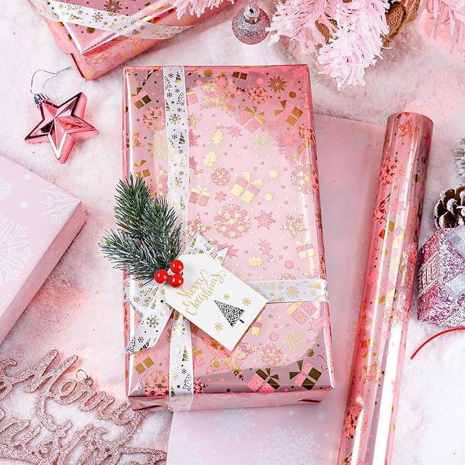 MAYPLUSS Christmas Wrapping Paper Roll - 17 Inch X 33 Feet - Gold Reindeer Star Snowflake Star Reversible HO Gift Wrapping Paper, Thick Wrap Paper for Holiday Party New Year Kids