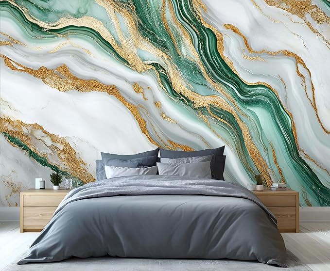 Green Gold Marble Wall Mural, Elegant Marble 3D Wall Murals, Luxury Stone Texture Wallpaper Mural, for Living Room Bedroom Large Wallpaper Indoor Decor 98.4" W x68.9 H