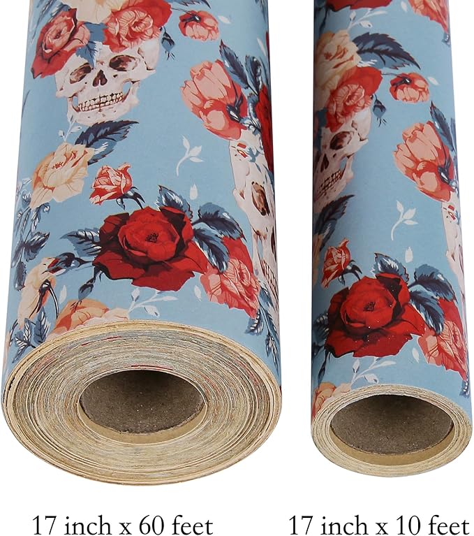 Aimyoo Blue Red Floral Skull Kraft Wrapping Paper Jumbo Roll, Gothic Flower Gift Wrap Paper for Birthday Bridal Shower 17 in x 60 ft