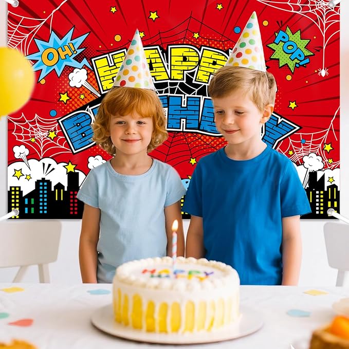 Spider Birthday Backdrop, 150x100cm/5x3ft Red Polyester Large Spider Web Happy Birthday Banner Backdrop for Boys Girls Themed Party Decorations & Photo Booth Props