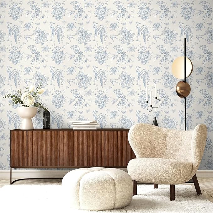 Cream White and Blue Peel and Stick Wallpaper Vintage Floral Contact Paper 16.9"x 118.1" Blue Floral Wallpaper Peel and Stick Birds Self Adhesive Removable Wall Paper for Bedroom Bathroom