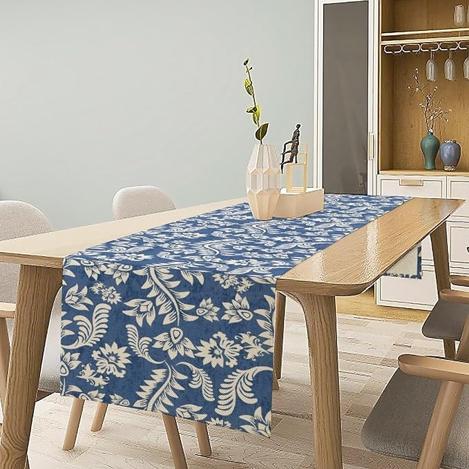 Vintage Floral Table Runner, Rustic Blue White Paisley Flower Boho Farmhouse Decor Table Runner for Kitchen Dining Home Party Decor, 13x108 Inch