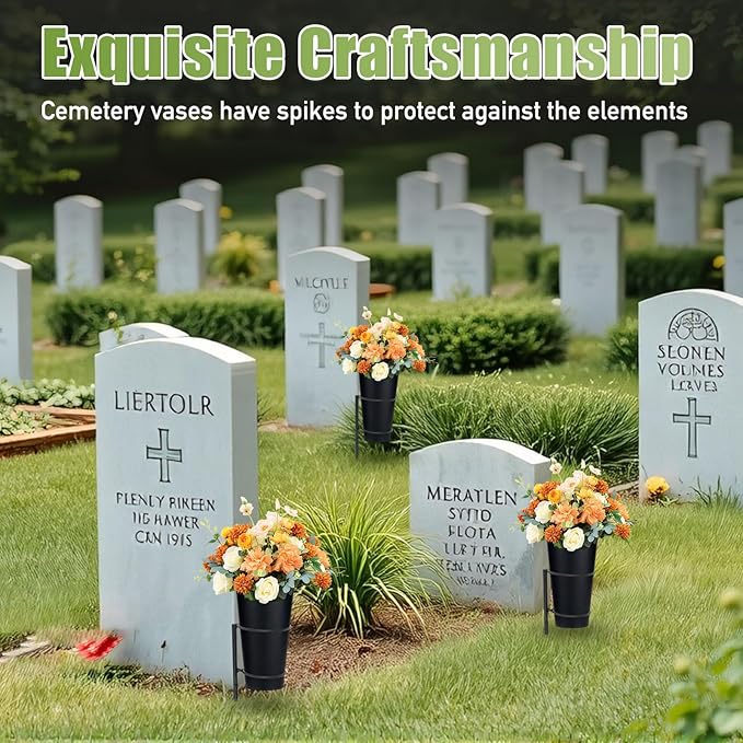 Metal Cemetery Vases Flower Holder with Spikes Memorial vases for Grave Vase Decorations for Cemetery Vase Flower Holder for Memorial Grave Lawn Yard Funeral Headstone Decor with Freely DIY (2)