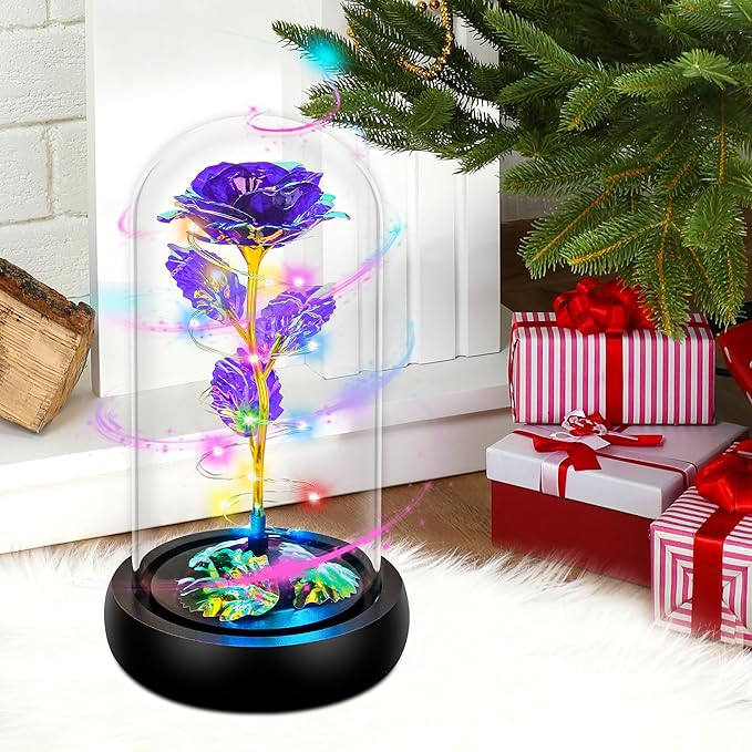 Childom Christmas Rose Gifts for Women,Birthday Gifts for Women Mom Christmas,Flowers for Delivery Prime,Purple Light Up Rose in A Glass Dome,Anniversary Rose Gift for Her Grandma Valentines Day