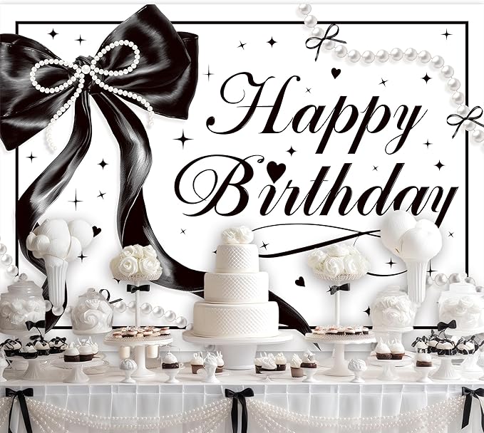 Black Bow Happy Birthday Banner Backdrop 7Wx5H Photography Black White Pearls Bowknot Balloons Girly Female Background Aesthetic Pretty Bday Party Decorations Banner Photo Booth Props Supplies