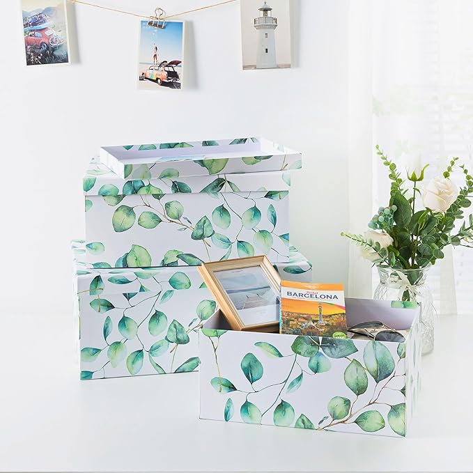 Soul & Lane Decorative Cardboard Storage Boxes with Lids for Home Decor and Organization, Set of 3 Large Keepsake Boxes for Memories & Gifts, Nesting Floral Photo Storage Containers, Eucalyptus Leaves
