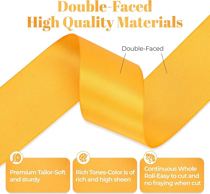 Double Faced Yellow Gold Satin Ribbon, 1-1/2 Inch X 50 Yards Polyester Ribbon for Gift Package Wrapping, Crafts, Bow Making, Sewing, Flower Bouquet, Wedding Party Decor