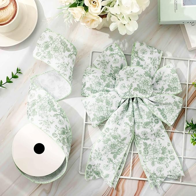 Floral Wired Edge Ribbon Roll Green Flower Ribbon Chinoiserie Fabric Ribbon for Wreath Bow Making DIY Crafts Gift Wrapping, 12 Yard