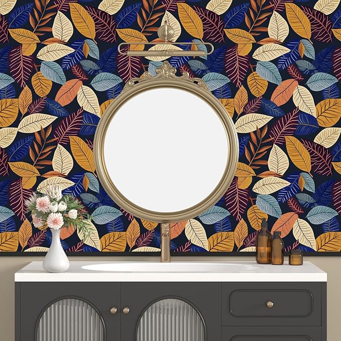 Colorful Leaf Wallpaper Peel and Stick,Vintage Botanical Contact Paper 17.5" x 118",boho leaves Wall Mural Self Adhesive Removable Waterproof for Bedroom Walls Bookcase Drawers Cabinet Table Locker