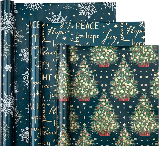 WRAPAHOLIC Christmas Wrapping Paper Roll - Mini Roll - 3 Rolls - 17 Inch x 120 Inch Per Roll - Green Christmas Tree and Snowflake Holiday Design with Metallic Foil Shine